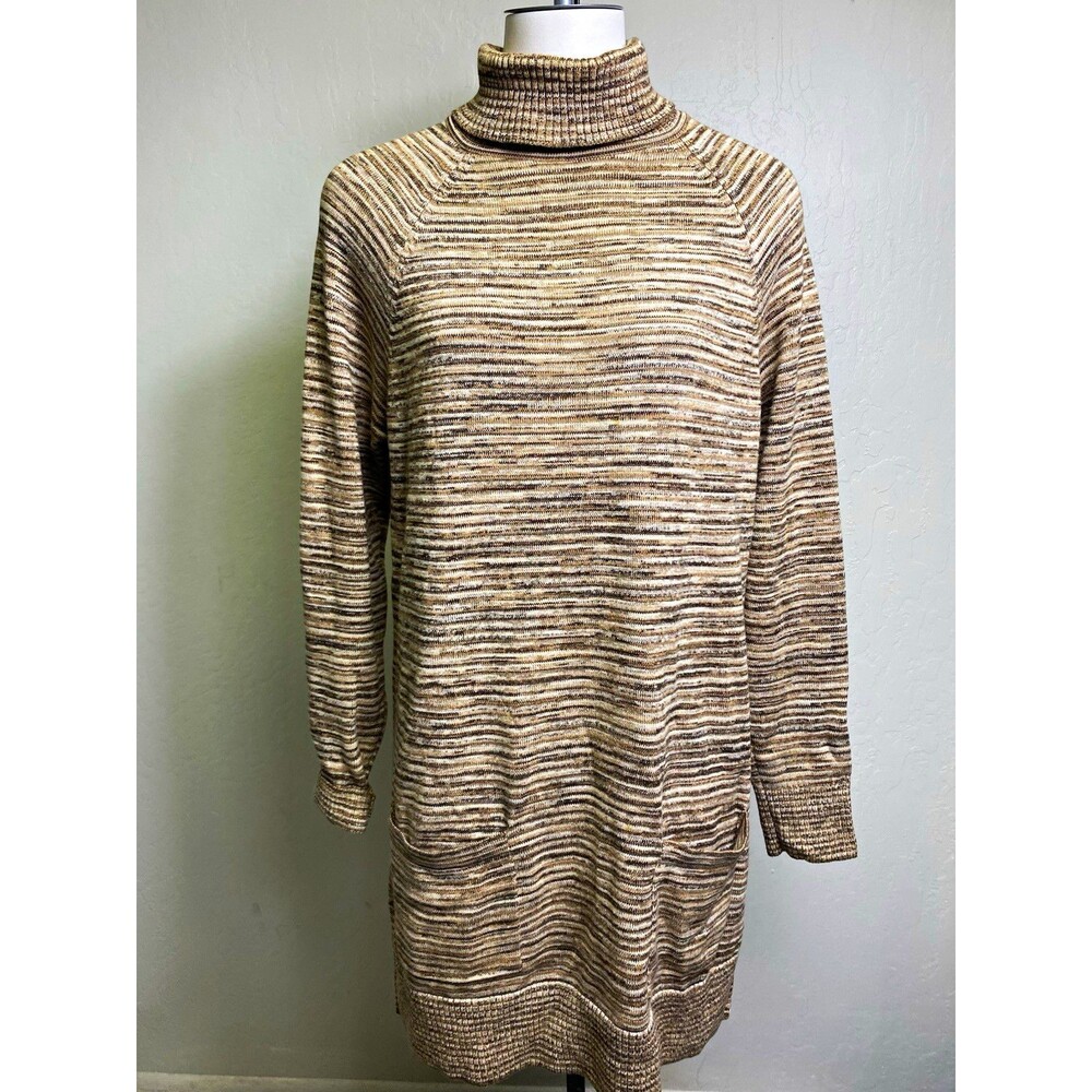 Eight Eight Eight Women’s M Beige Brown Striped Turtleneck Knit Tunic Sweater